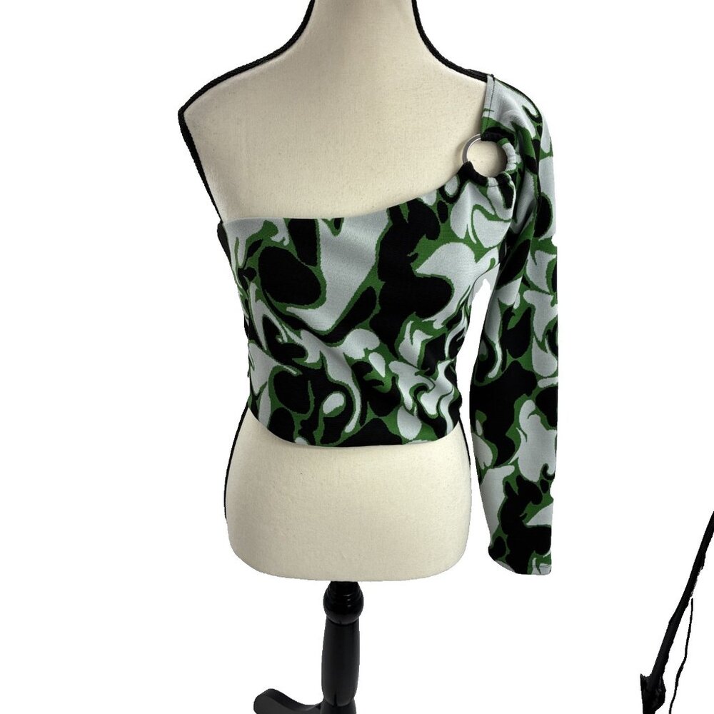 Zara Womens Size L One Shoulder Top Green Black Abstract Print Long Sleeve